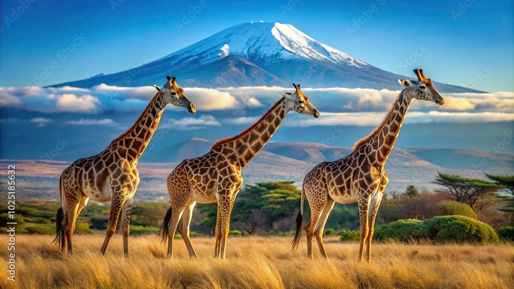 Obraz premium Three majestic giraffes standing tall against the backdrop of the iconic Kilimanjaro mountain captured from a high angle perspective, East Africa, Giraffa camelopardalis