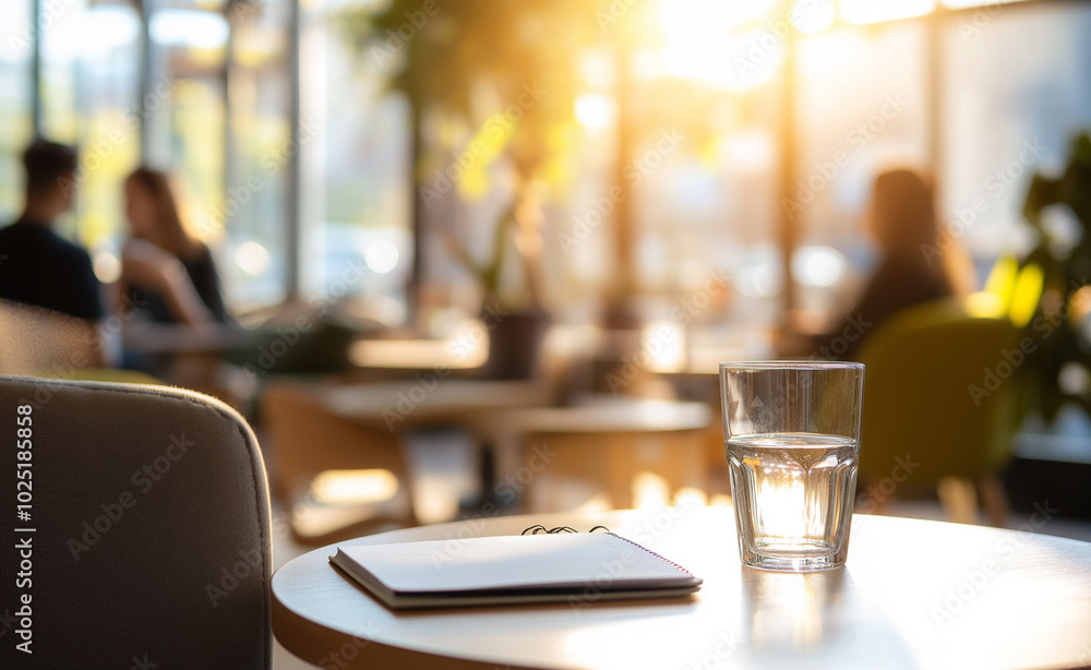 Cozy coffee shop or lounge area with a notebook and glass on a table, soft lighting and a warm atmosphere in the background. Cozy coffee shop or lounge area with a notebook and glass on a table, soft lighting and a warm atmosphere in the background.