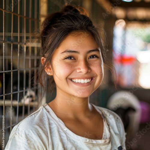 A young woman with a white shirt and brown hair is smiling