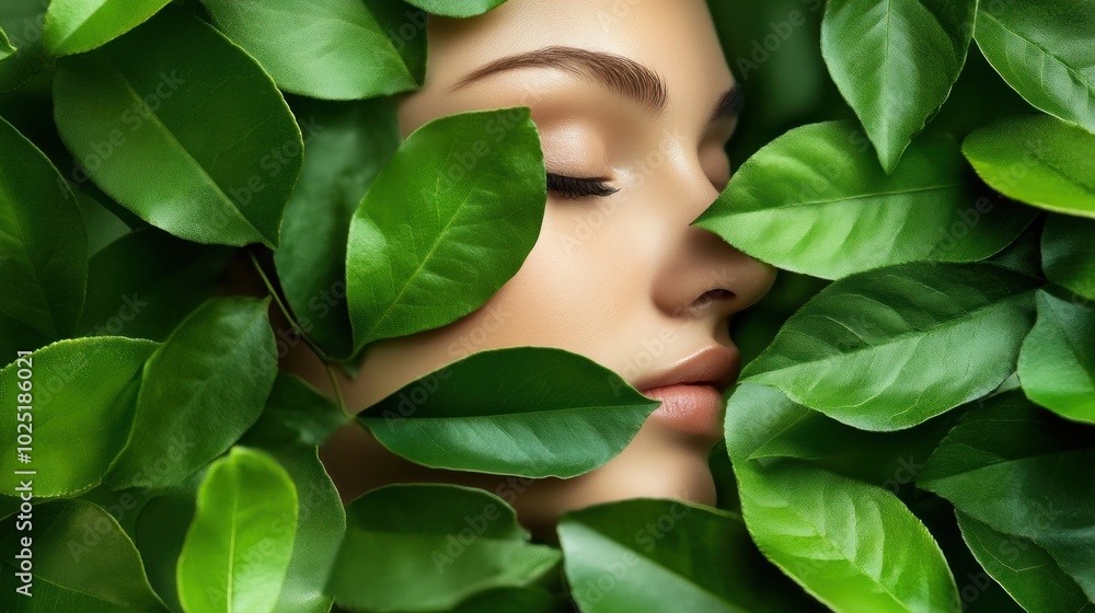 The woman is surrounded by vibrant green leaves, her face partially obscured. She appears calm and relaxed, enjoying the tranquility of nature in bright daylight The woman is surrounded by vibrant green leaves, her face partially obscured. She appears calm and relaxed, enjoying the tranquility of nature in bright daylight