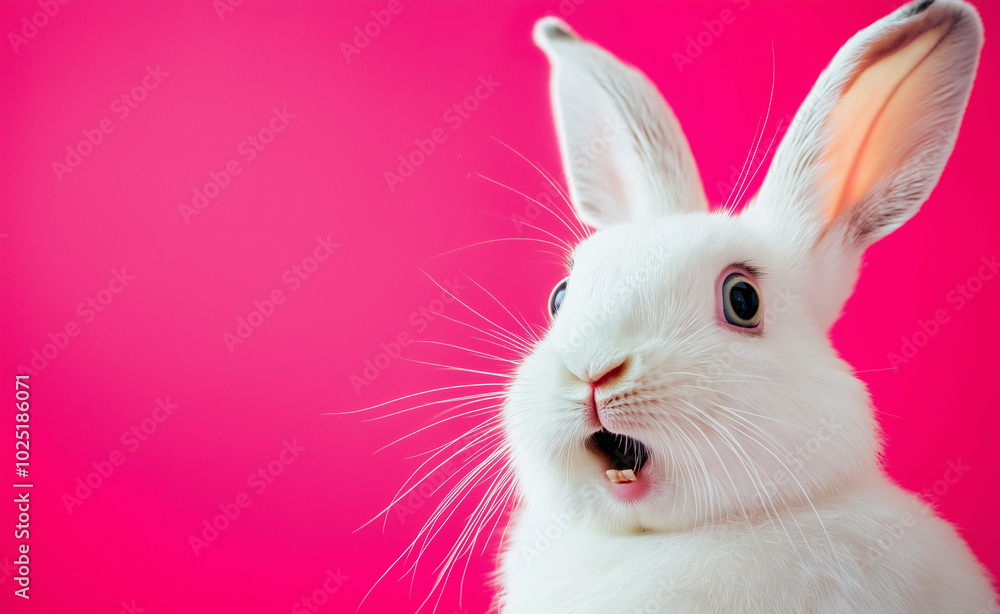 White rabbit with an open mouth, expressing surprise or excitement, set against a bright pink background. White rabbit with an open mouth, expressing surprise or excitement, set against a bright pink background.