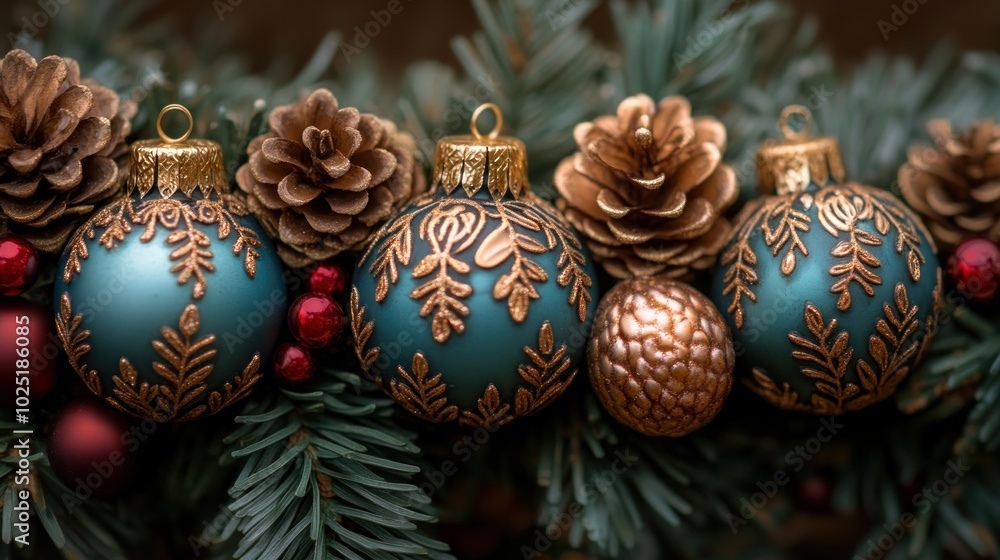 A vibrant display of Christmas ornaments in rich teal and gold, nestled among pinecones and evergreen branches, creating a festive atmosphere during the holiday season A vibrant display of Christmas ornaments in rich teal and gold, nestled among pinecones and evergreen branches, creating a festive atmosphere during the holiday season