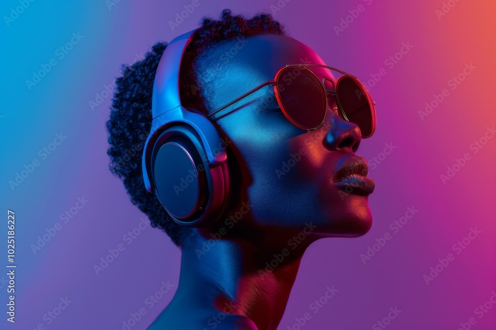 A woman wearing sunglasses and headphones with a colorful background. AI. A woman wearing sunglasses and headphones with a colorful background. AI.