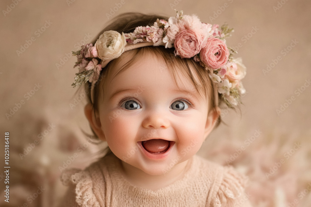 A Baby Girl Wearing A Floral Headband, Smiling Or Yawning, Set Against A Light, Pastel Background That Emphasizes Her Sweetness A Baby Girl Wearing A Floral Headband, Smiling Or Yawning, Set Against A Light, Pastel Background That Emphasizes Her Sweetness