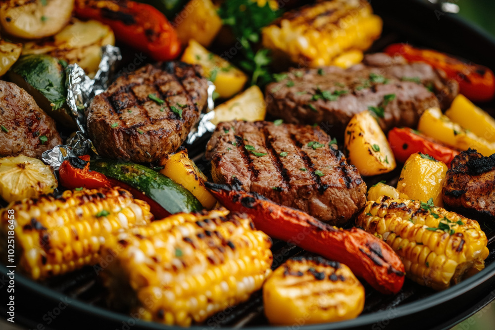 A Backyard Barbecue Setup With Friends Gathering Around, Featuring Tin Foil-Wrapped Corn On The Cob And Steak, Sizzling On The Grill, With Vibrant Summer Decorations Around A Backyard Barbecue Setup With Friends Gathering Around, Featuring Tin Foil-Wrapped Corn On The Cob And Steak, Sizzling On The Grill, With Vibrant Summer Decorations Around