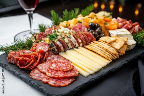 A Beautifully Arranged Platter Of Sm??Rg??sbord Featuring Various Cured Meats, Cheeses, And Pickled Herring, Served With Crispbread And Decorations photo