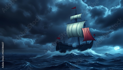 Ghosty flying dutchman ship and stormy sky isolated with white highlights, png photo