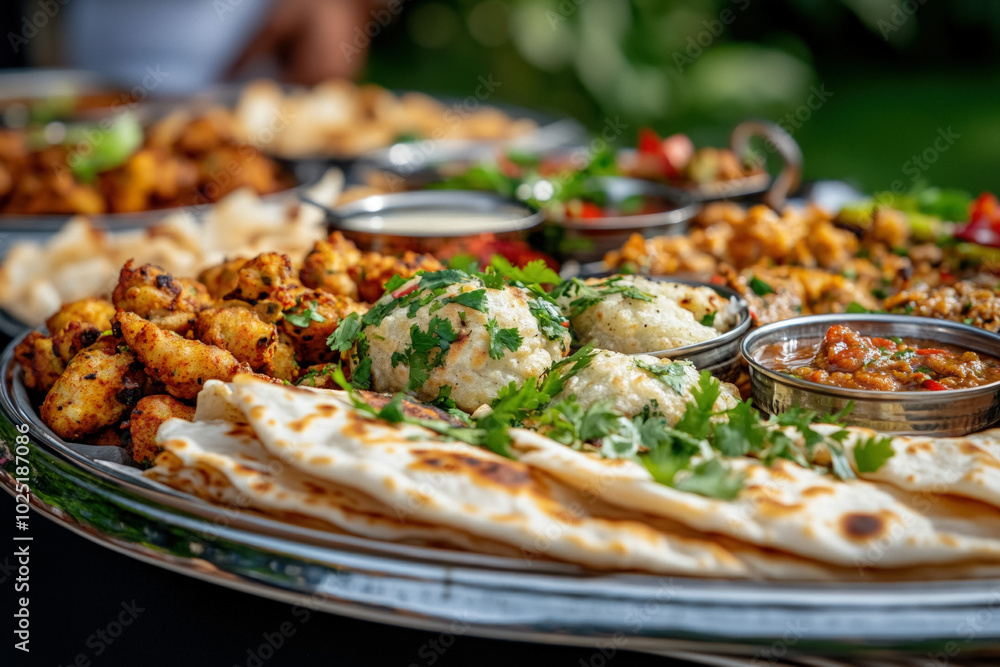 A Close-Up Of A Platter Of Homemade Samosas And Pakoras, Served With Various Chutneys, Surrounded By Muslim Family Members Enjoying Their Appetizers Together A Close-Up Of A Platter Of Homemade Samosas And Pakoras, Served With Various Chutneys, Surrounded By Muslim Family Members Enjoying Their Appetizers Together