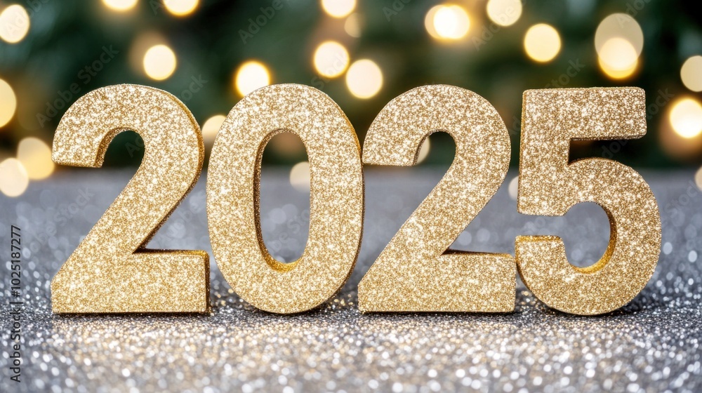 Golden numbers 2025 are prominently displayed in front of a softly blurred backdrop filled with sparkling lights, creating a festive atmosphere perfect for welcoming the New Year Golden numbers 2025 are prominently displayed in front of a softly blurred backdrop filled with sparkling lights, creating a festive atmosphere perfect for welcoming the New Year