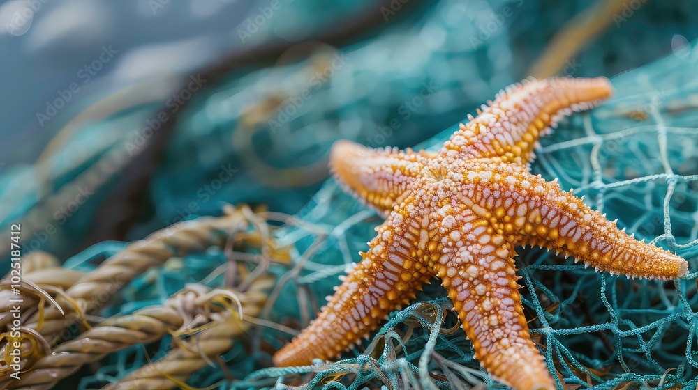 A close-up photograph of a starfish entangled in a network of seaweed and rope. A close-up photograph of a starfish entangled in a network of seaweed and rope.