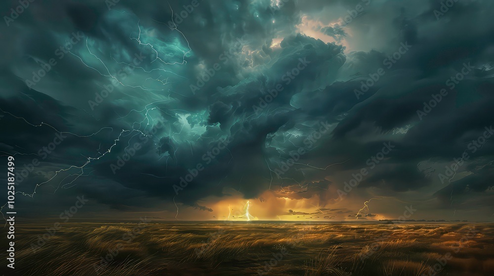 A dramatic stormy sky filled with dark clouds and streaks of lightning, casting a golden glow over a field of tall grass. A dramatic stormy sky filled with dark clouds and streaks of lightning, casting a golden glow over a field of tall grass.