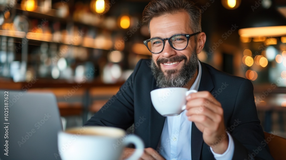 A bearded man sits at a cafe table, holding a cup of coffee and smiling. He appears engaged with his laptop, basking in the warm, inviting ambiance of the morning setting A bearded man sits at a cafe table, holding a cup of coffee and smiling. He appears engaged with his laptop, basking in the warm, inviting ambiance of the morning setting