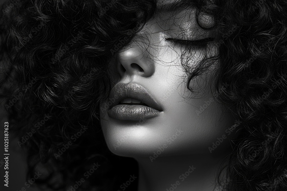 Monochrome Close-Up Portrait of Woman with Curly Hair Monochrome Close-Up Portrait of Woman with Curly Hair