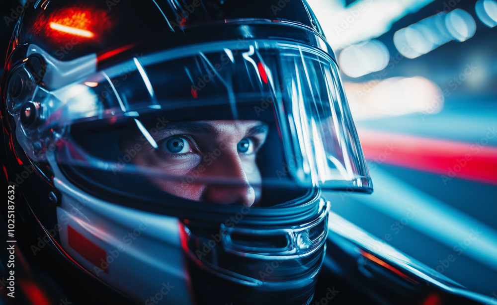 Close-up of a race car driver with intense blue eyes, wearing a helmet and looking focused. Close-up of a race car driver with intense blue eyes, wearing a helmet and looking focused.