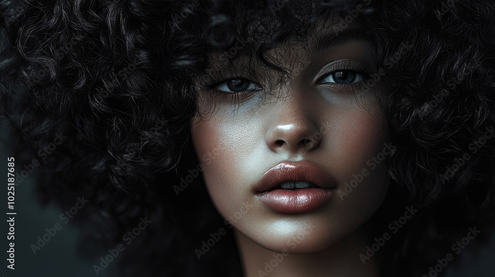 Close-up of Woman's Face with Dark Curly Hair and Glossy Skin Close-up of Woman's Face with Dark Curly Hair and Glossy Skin