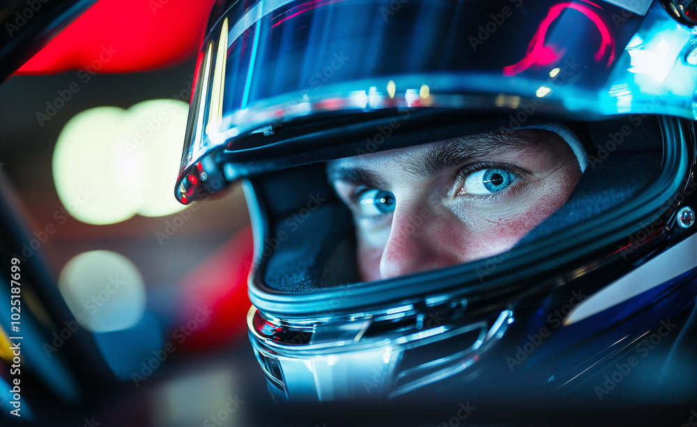 Close-up of a race car driver with intense blue eyes, wearing a helmet and looking focused. Close-up of a race car driver with intense blue eyes, wearing a helmet and looking focused.