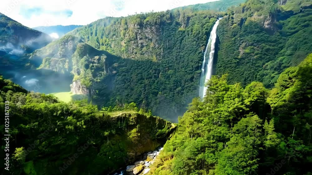 A waterfall cascades down lush green mountains under bright sunlight, evoking serenity, nature, and peaceful retreat. Ideal for travel or environmental themes. A waterfall cascades down lush green mountains under bright sunlight, evoking serenity, nature, and peaceful retreat. Ideal for travel or environmental themes.