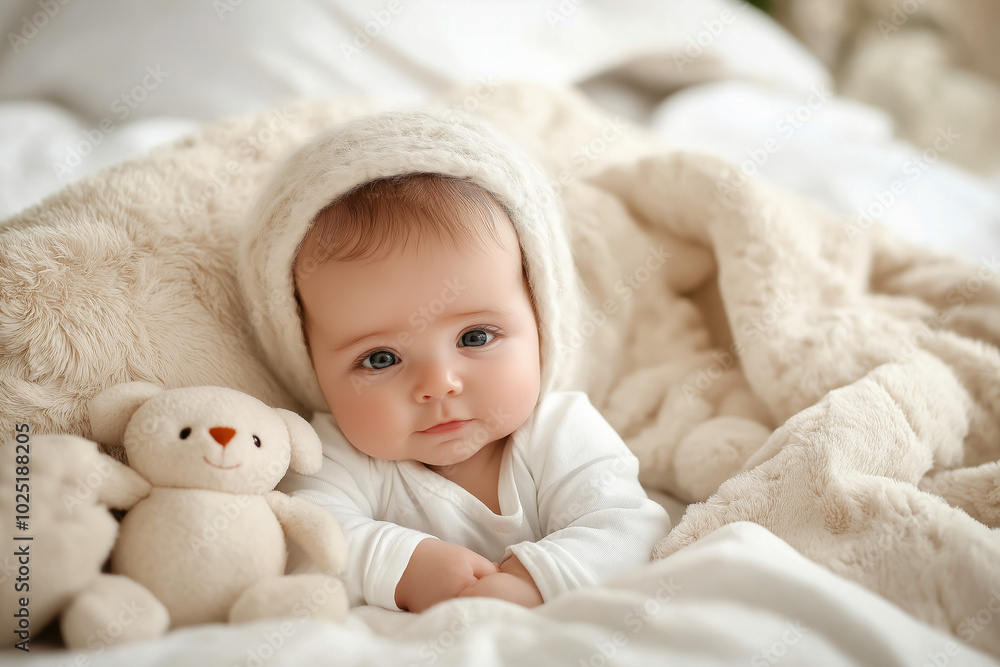 A Newborn Baby Girl Lying On A Fluffy Blanket With Soft Toys Around Her, Capturing Her Innocence And The Joy Of Early Life A Newborn Baby Girl Lying On A Fluffy Blanket With Soft Toys Around Her, Capturing Her Innocence And The Joy Of Early Life
