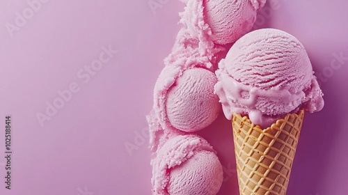  A waffle cone holds three scoops of pink ice cream on a purple background with a pink background