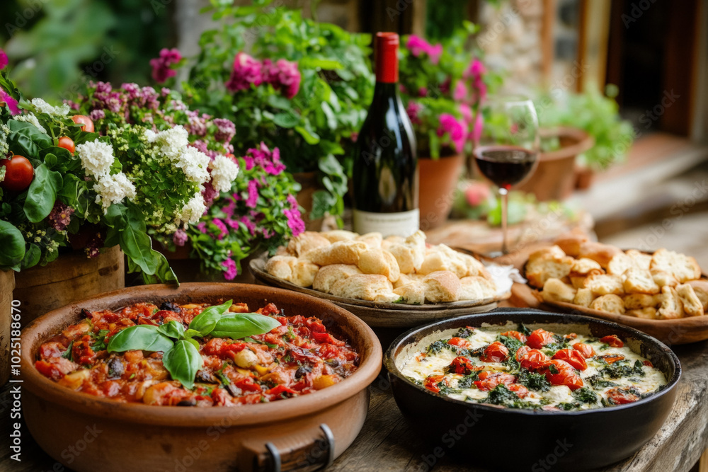 A Rustic Tuscan Table Set Outdoors, Featuring Traditional Dishes Like Ribollita (Vegetable Soup), Pappa Al Pomodoro (Tomato Bread Soup), And A Bottle Of Chianti Wine A Rustic Tuscan Table Set Outdoors, Featuring Traditional Dishes Like Ribollita (Vegetable Soup), Pappa Al Pomodoro (Tomato Bread Soup), And A Bottle Of Chianti Wine