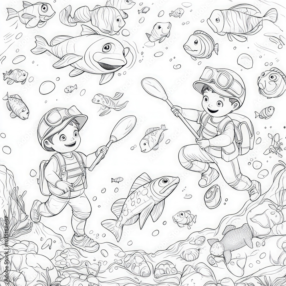 A scene of children rescuing animals, coloring page for kids, simple outline illustration. Coloring book, simple lines.
