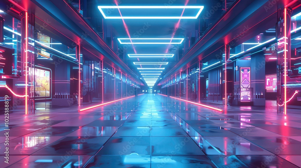 An empty, futuristic corridor lit by neon lights with reflective floors. An empty, futuristic corridor lit by neon lights with reflective floors.