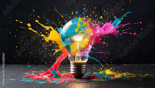 Vibrant splashes of paint explode around a light bulb against a dark background, showcasing creativity and energy