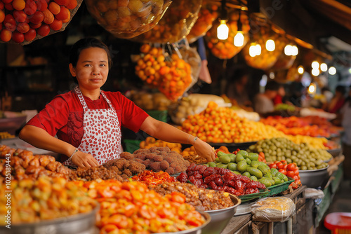 A Wide-Angle View Of A Lively Food Market In The Philippines During A Festive Day, Highlighting Various Stalls Selling Traditional Dishes Like Adobo, Sinigang, And Lechon