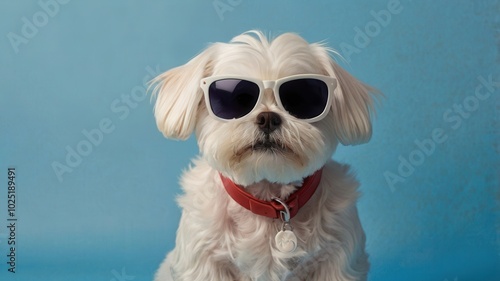 Small Dog with Fluffy Coat Wearing Sunglasses and Red Collar with Tag Attached