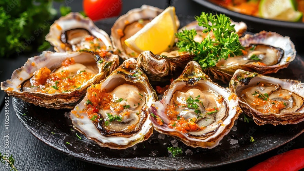 Grilled oysters served on a plate with lemon and garnish. Grilled oysters served on a plate with lemon and garnish.