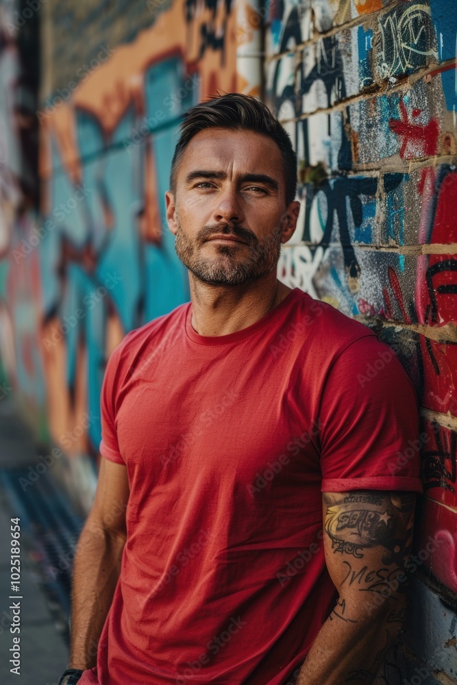 Obraz premium A man in a red t-shirt stands against a graffiti wall. AI.