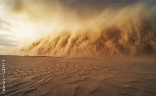 A dramatic sandstorm sweeping across a desert landscape with sand dunes under a moody sky.