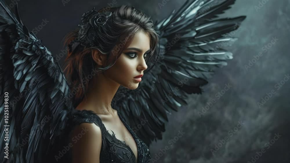 A striking image of a dark angel with large, black feathered wings and a graceful, solemn expression. She stands against a misty background, exuding an aura of mystery and elegance. A striking image of a dark angel with large, black feathered wings and a graceful, solemn expression. She stands against a misty background, exuding an aura of mystery and elegance.