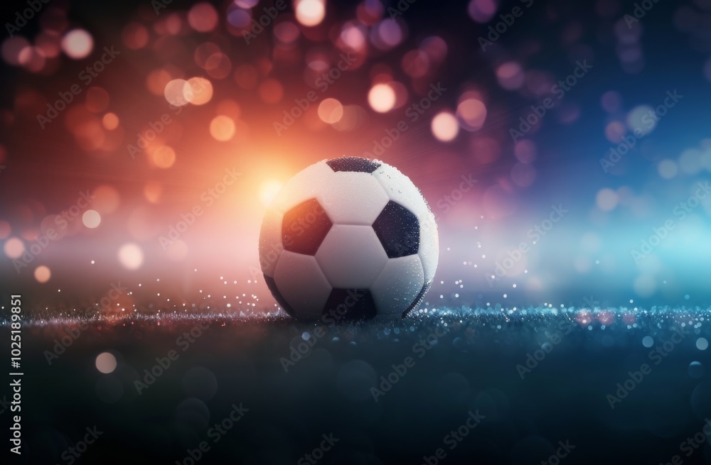 Naklejka premium Soccer Ball on Wet Grass Field at Night