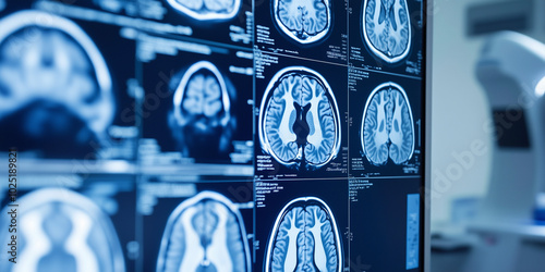 Illustration of understanding stroke and vascular brain issues, brain health. MRI images on the monitor screen