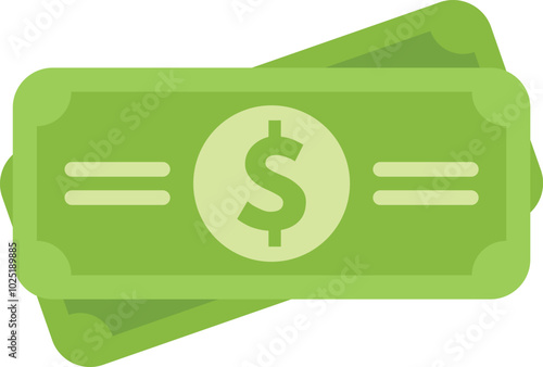 This vector illustration features a minimalist design of two green dollar bills, symbolizing wealth, currency, and financial transactions