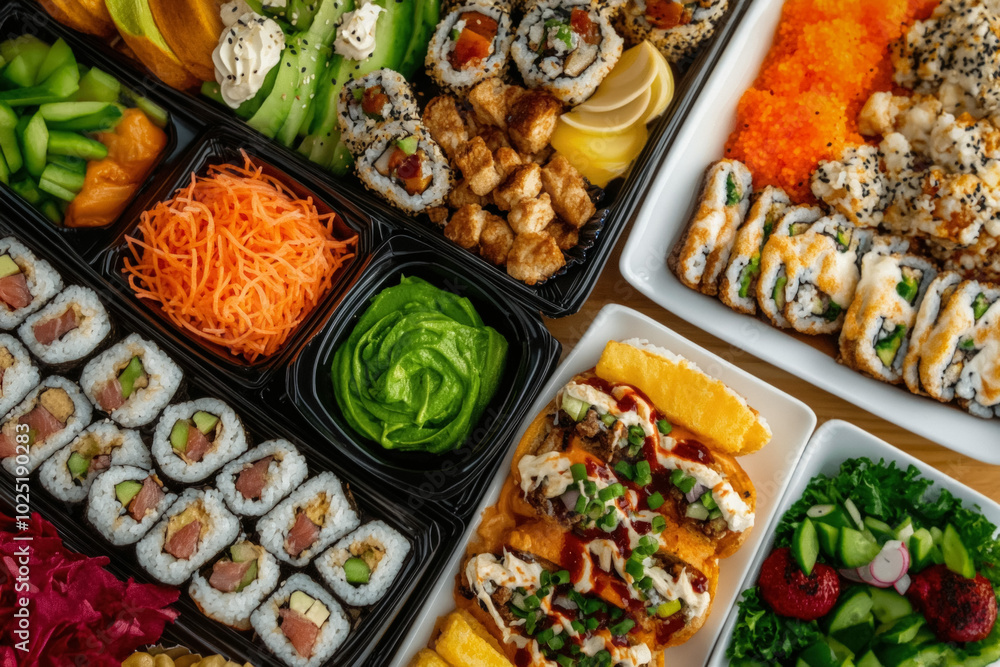 An Overhead View Of A Food Contest Table Filled With Diverse Entries Such As Gourmet Burgers, Colorful Sushi Rolls, And Creative Desserts, With Judges Discussing The Entries An Overhead View Of A Food Contest Table Filled With Diverse Entries Such As Gourmet Burgers, Colorful Sushi Rolls, And Creative Desserts, With Judges Discussing The Entries