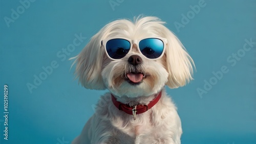 White Dog with Sunglasses and Happy Expression Sitting Against Light Blue Background