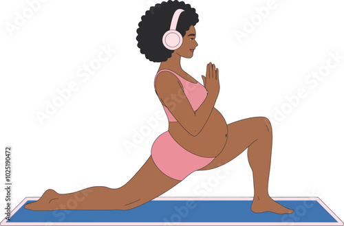 Pregnant Woman in Yoga Pose with Headphones – Anjaneyasana Illustration, Happy Pregnant Woman Illustration On Transparent Background