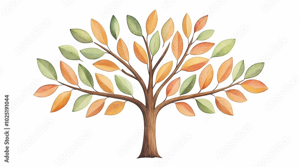 Fototapeta premium Vintage Watercolor Tree with Autumn Leaves