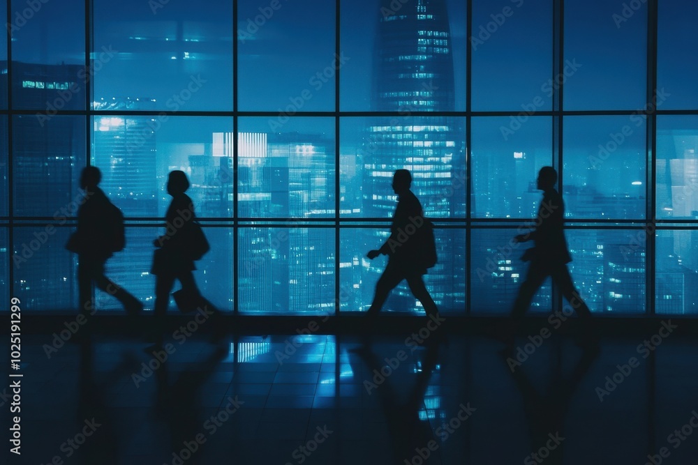 Silhouettes of business people walking and talking in an office building with large windows overlooking the city, dark blue color theme, blurred background Generative AI Silhouettes of business people walking and talking in an office building with large windows overlooking the city, dark blue color theme, blurred background Generative AI