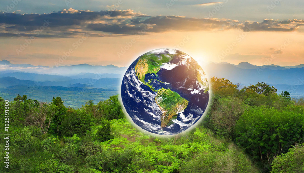 A beautiful sunrise over a lush landscape with a glowing Earth positioned among the trees, showcasing nature's splendor and preservation A beautiful sunrise over a lush landscape with a glowing Earth positioned among the trees, showcasing nature's splendor and preservation