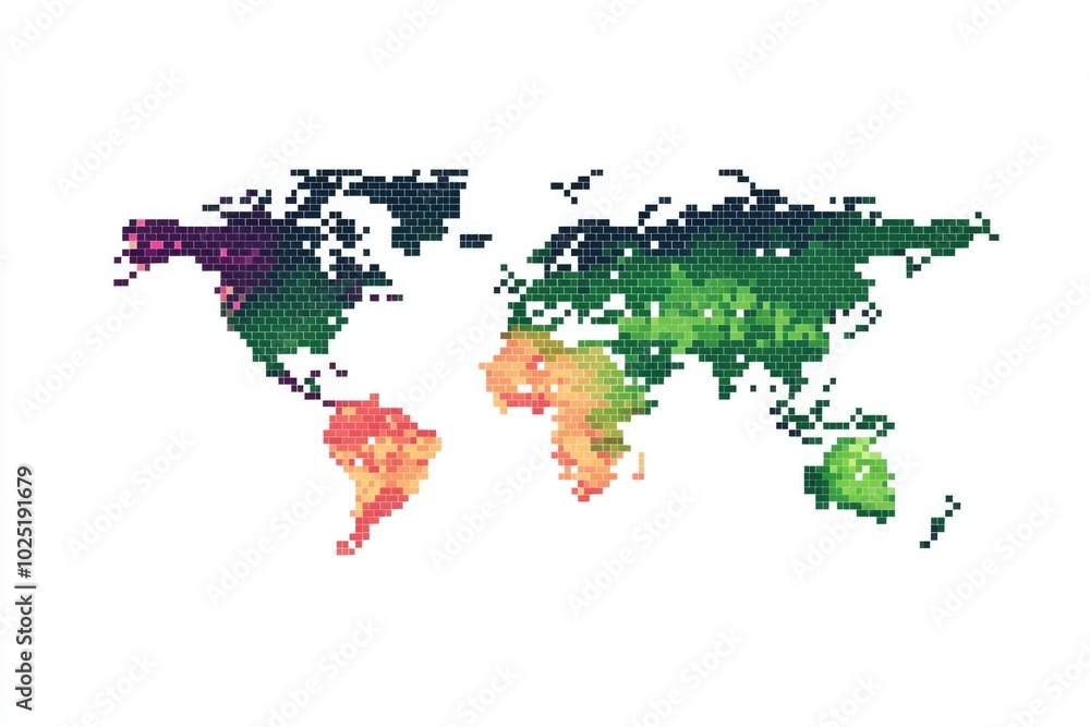 Fototapeta premium Abstract pixelated world map in green and orange tones