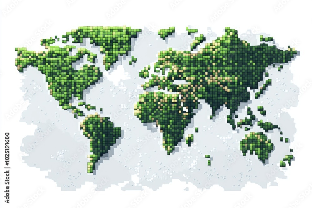 Abstract pixelated world map in green and orange tones Abstract pixelated world map in green and orange tones