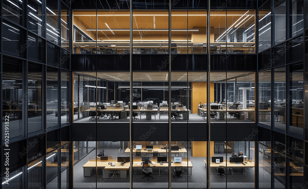A vibrant view of a modern office building at night, with brightly lit workspaces visible through the glass facade. A vibrant view of a modern office building at night, with brightly lit workspaces visible through the glass facade.