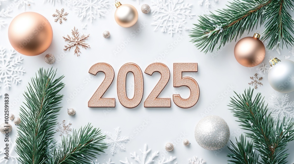 Festive New Year 2025 with frosted decorations Festive New Year 2025 with frosted decorations