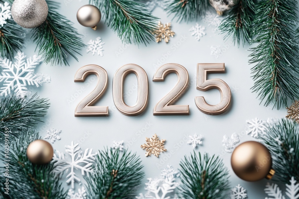 Elegant New Year 2025 card with snow and ornaments Elegant New Year 2025 card with snow and ornaments