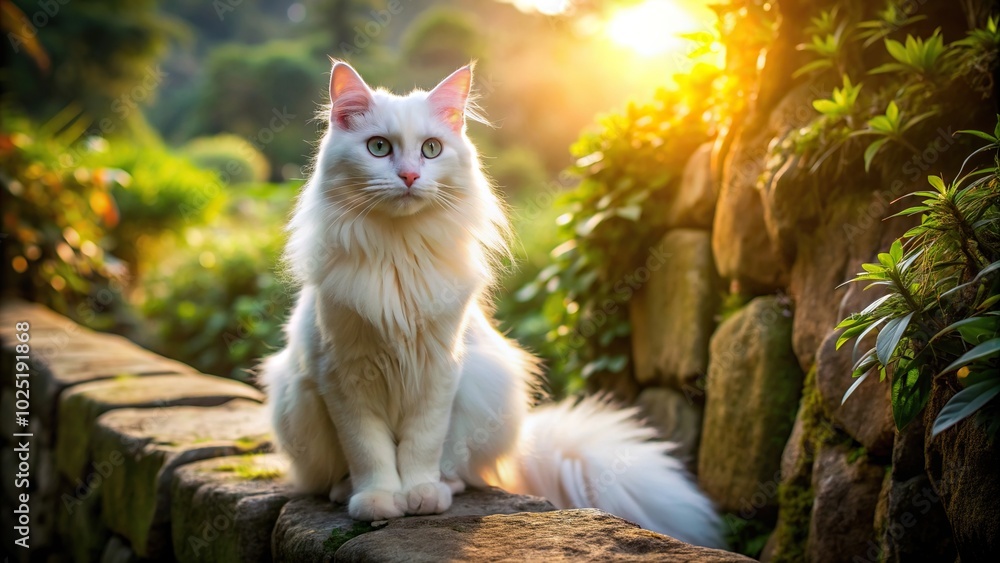 feline, Penelope a stunning white cat with long grooming fur sits gracefully on top of a ancient stone wall in the heart of a lush jungle as the sun rises creating a picturesque aerial view feline, Penelope a stunning white cat with long grooming fur sits gracefully on top of a ancient stone wall in the heart of a lush jungle as the sun rises creating a picturesque aerial view