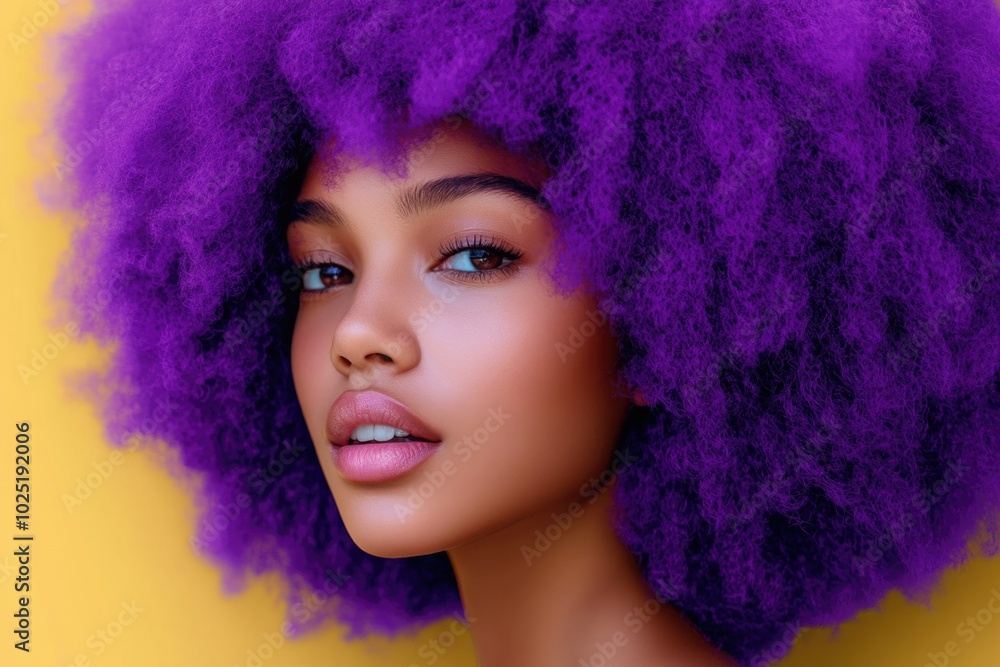 Fototapeta premium Close-Up Portrait of a Woman with Purple Afro Hair