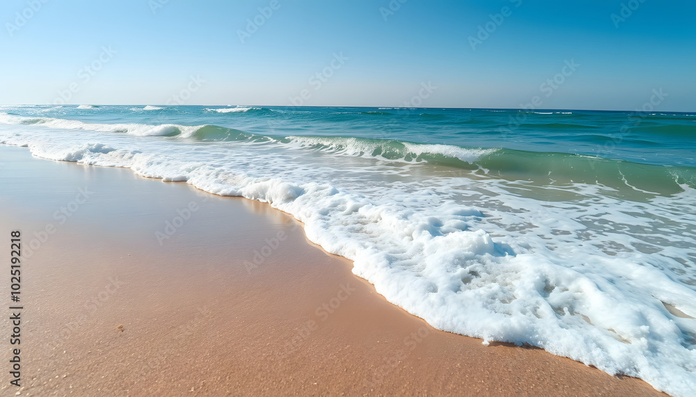 Sandy shore meets foamy ocean waves under clear blue skies isolated with white highlights, png Sandy shore meets foamy ocean waves under clear blue skies isolated with white highlights, png